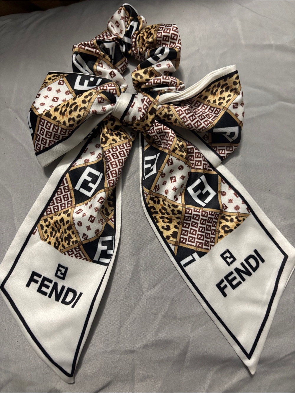 Fendi White, Black & Leopard Print Bow Scrunchie